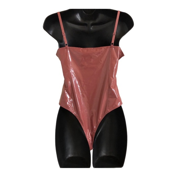 Mauve brown Pleather glossy padded spaghetti strap bustier bodysuit size Large - Picture 10 of 15